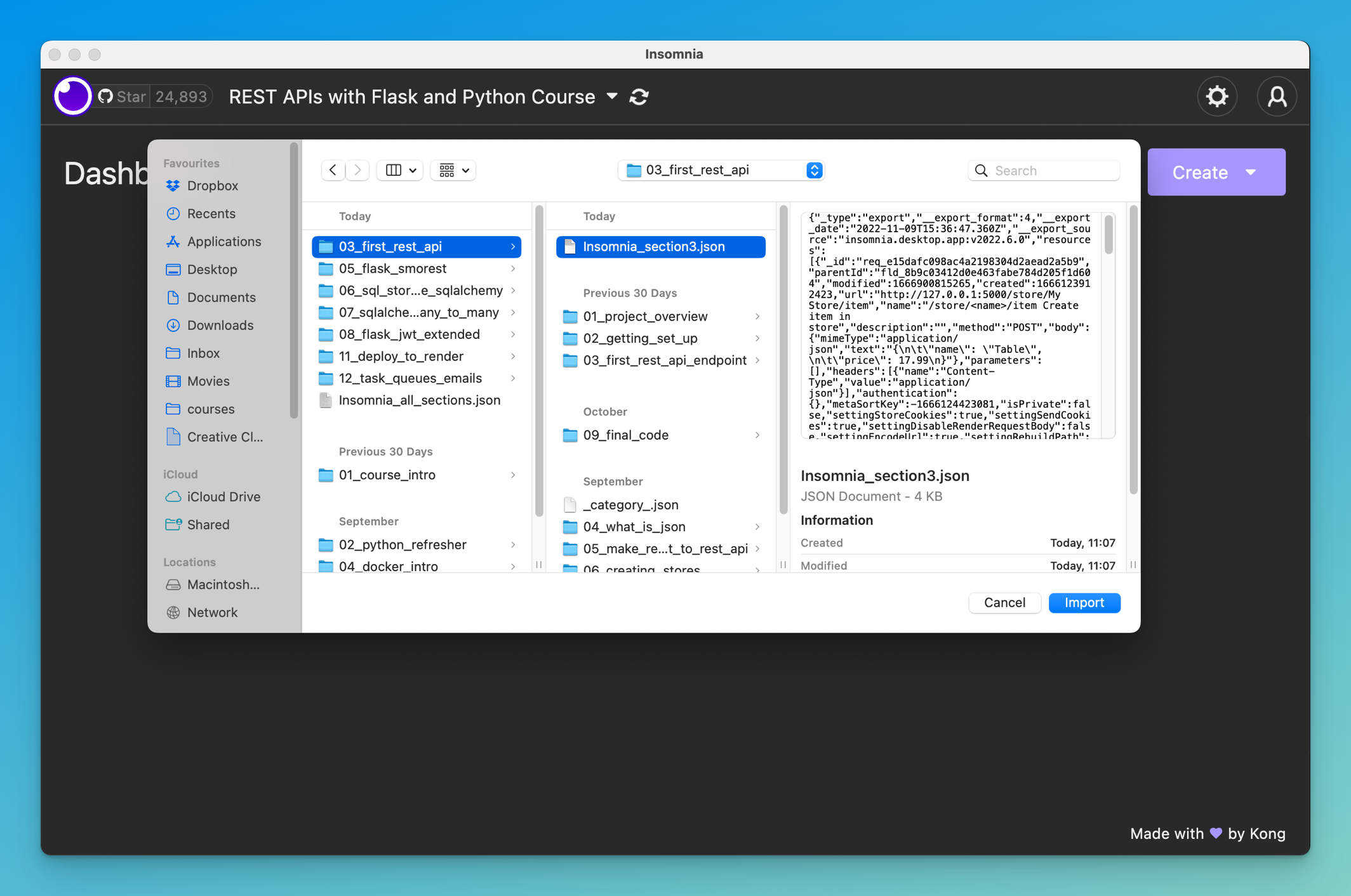 Screenshot showing instructor finding the JSON file to import